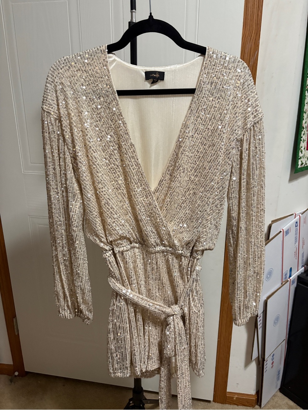 Sequin Wrap Romper in Champagne - Women’s Jumpsuit